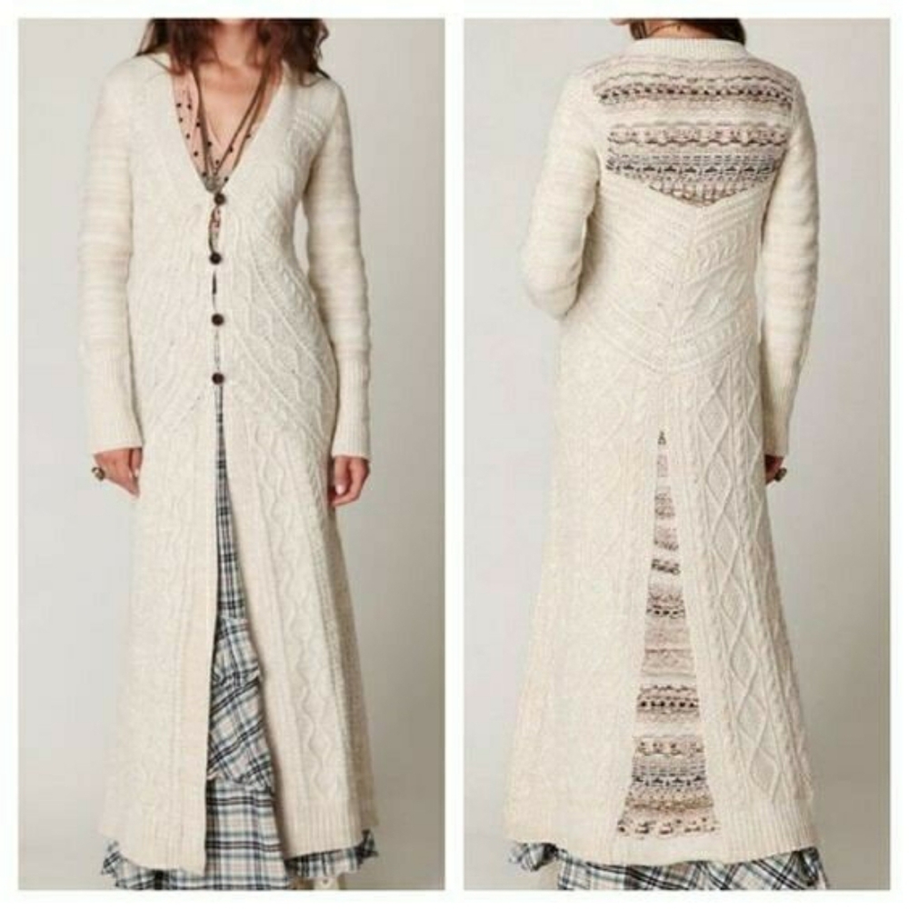 Free People Women's XS Full Length Maxi Wool Knit Cardigan Sweater Duster Coat